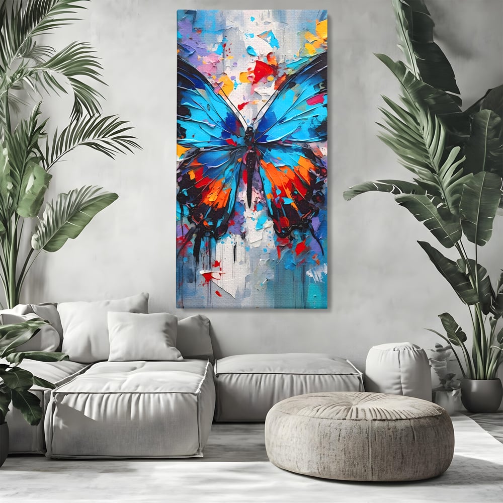 Tablou canvas cu pictura cu fluture albastru, fara rama, pe sasiu de lemn, pe perete intr-un living